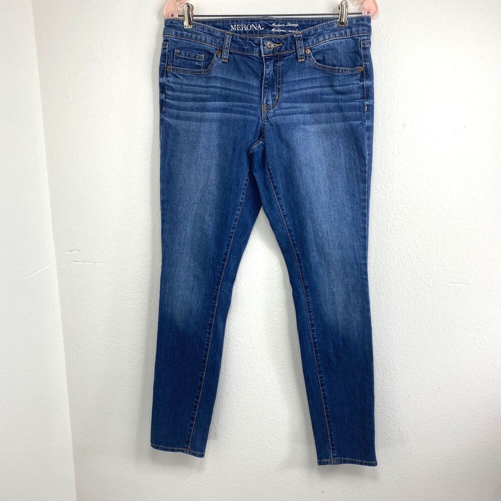 Merona Womens Blue Jeans 10 Modern Skinny Low Rise Med Wash 32 Waist Whiskering